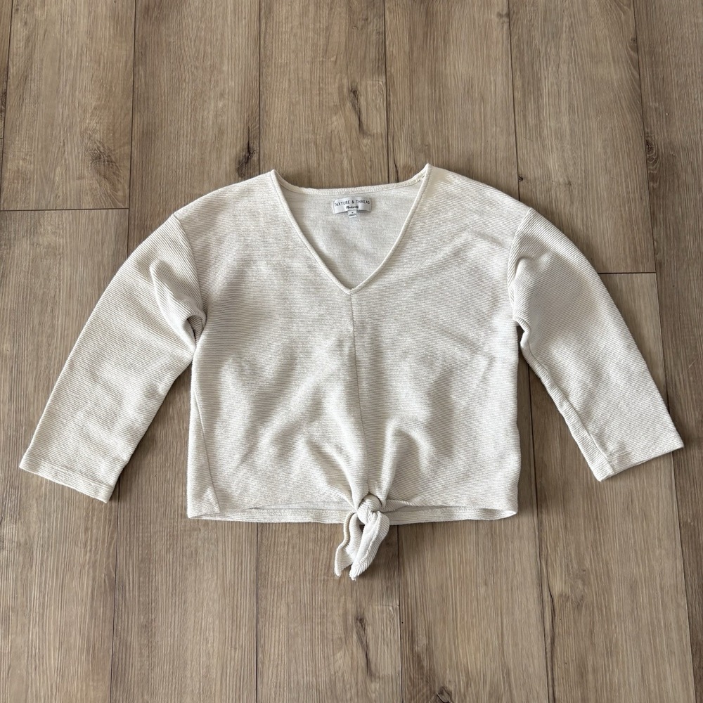 Madewell Texture & Thread Ivory Ribbed Long Sleeve Tie-Front Top Size M Cotton